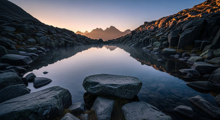 Mountain lake reflects sunlit peaks. Beautiful scene with smooth stones around water. Nature landscape with lakeの素材