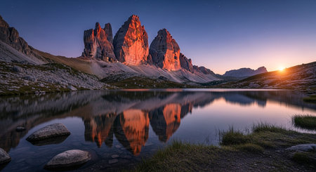 Capture Sunrise landscape of tre cime di lavaredo reflecting in lake. Scenic rock stones on shores nature landscape.の素材