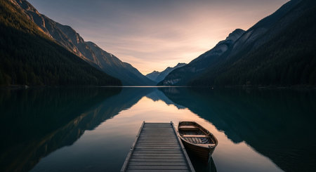 Boat on lake during sunrise with reflection. Maligne lake in jasper national park alberta canada with mountains.の素材