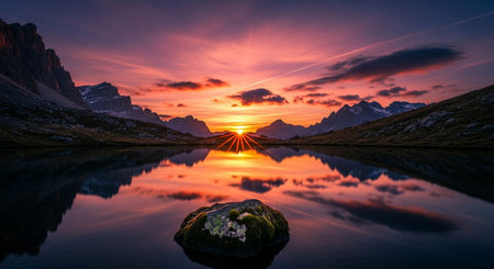 Beautiful sunset over lake antaorno in the dolomites italy with colorful sky reflecting on water surface and surrounding landscape.の素材