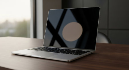 Laptop on wood table and window for digital business presentation and modern home office computing devicesの素材