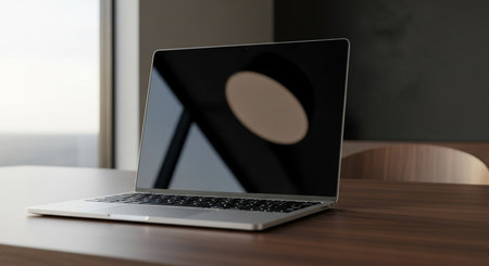 Laptop on wooden office desk displaying simple and clean modern style. Interior workspace concept and business work space.の素材