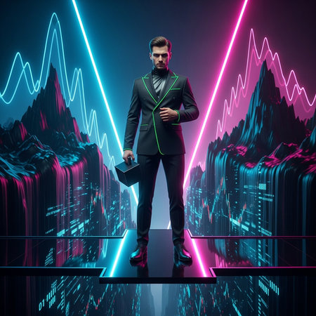 Futuristic businessman with cube. Conceptual shot business man in neon cityscape background, financial trader, stock market analysis.の素材