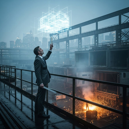 Construction design. Conceptual shot businessman examining building design, industrial setting, sparks, development project, building site, modern suit.の素材