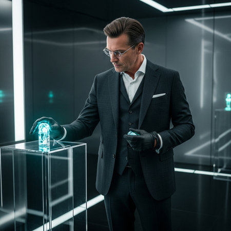 Elegant businessman inspecting gem in lab. Futuristic laboratory with glowing gem. Gemstone analysis concept.の素材