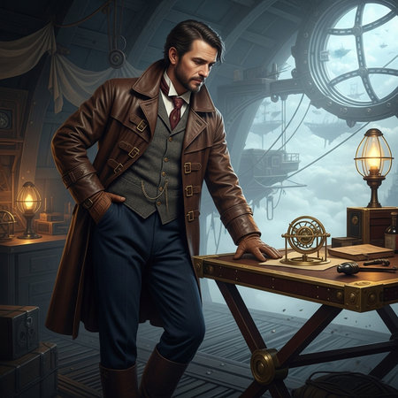 Victorian era gentleman with globe. Vintage lamps indoors by desk. Clothing style fashion of 19th century.の素材