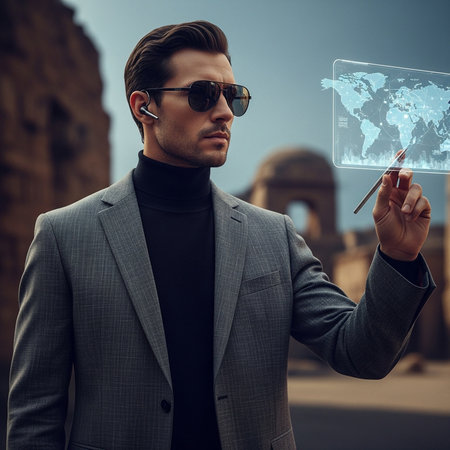 Man interacts world map hologram with city buildings background. Concept technology globalization innovation connection future.の素材