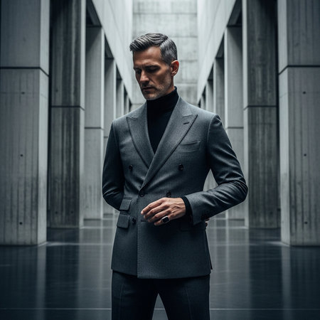Stylish man in double breasted suit looks at something in modern building. Dramatic serious man.の素材
