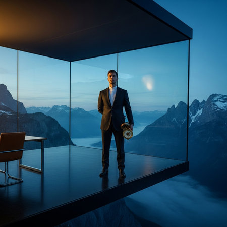 Man in suit with compass stands in modern office overseeing mountain landscape. Concept of business vision leadership and success.の素材