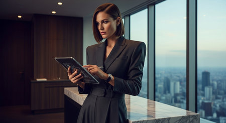 Expert using digital tablet in office interior with skyscraper cityscape view. Businesswoman looking at data plan on the tablet.の素材