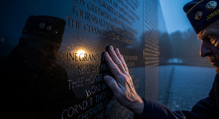 Remembering lost comrades veteran at war memorial honors fallen in stone wall. Pays respect with reflection and somber remembrance.の素材