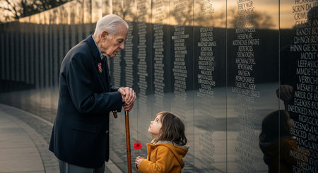 Girl offering respect to veteran at wall, sunny day. Memorial of fallen soldiers. Service to nation. Honor, and sacrifice.の素材