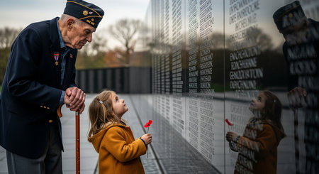 Girl pays respect with veteran to names etched on memorial wall. Reflection and honor to fallen heroes and nation.の素材
