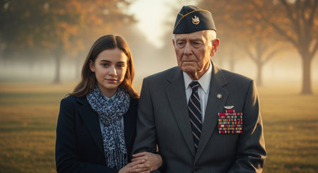 Young woman supporting senior war veteran in honoring service. He is wearing military uniform with gentle support and holding hand.の素材