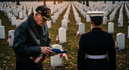 Veteran with flag pays respects with soldier in rows of gravesites. Symbol of honor to fallen heroes of nation's military.の素材
