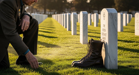 Tombstone with boots at military cemetery, standing in honor of service and sacrifice. Respecting fallen soldiers.の素材