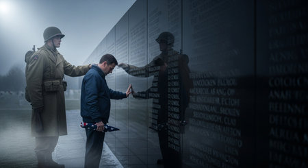 Soldier comforting grieving man touching the Vietnam war memorial. Remembrance and grief at solemn memorial site.の素材