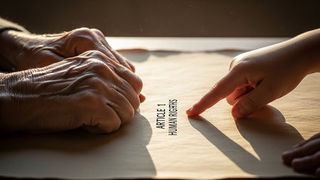 Article one human rights written in dark text on aged paper. Two people discussing it. Legislation matter.の素材