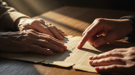 Old woman and younger person points at article one of an legal rights document. Intergenerational dialog and learning concept.の素材