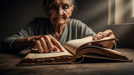 Old woman reads her favorite novel or history book while sitting at table. Study and learn concept of history and wisdom.の素材