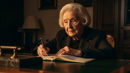 Elderly woman is writing. Dark atmosphere. Sitting at table with lamp on. Focused on work concept.の素材