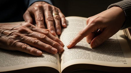 Old person's hands pointing on open book's text. Another person is touching pages. Reading and studying book indoor.の素材