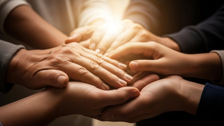 Close up of hands stacked together to support team work and togetherness. Symbolizing support, collaboration in community.の素材