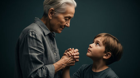 Mature woman holding child hands while looking at kid. Child looks at senior woman with the dark background. Family relations.の素材