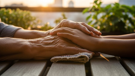 Hands of elderly person and young person touching. Support, care, love concept on wooden table during sunset. Help for family.の素材