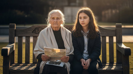 Grandmother and granddaughter sitting together. Old woman and child relaxing together on wooden bench, enjoying sunny day at park.の素材