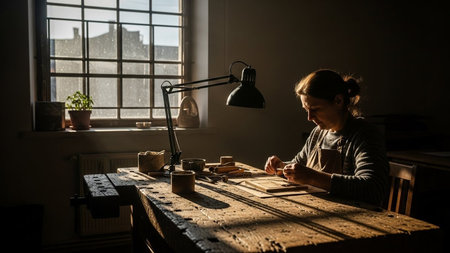 Woman working. Wood carving tools. Woodworking on desk in carpentry shop. Craftswoman uses wood crafting equipment, creating handicraft.の素材
