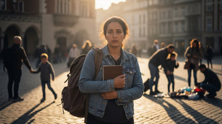 Woman standing with backpack in city square. Sad, thoughtful woman feeling lonely and holding book. People in background.の素材
