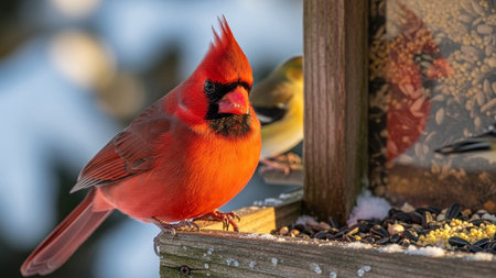 Male red cardinal eating seeds on bird feeder during daytime. Winter birding scene with wildlife and cardinal in frozen environmentの素材