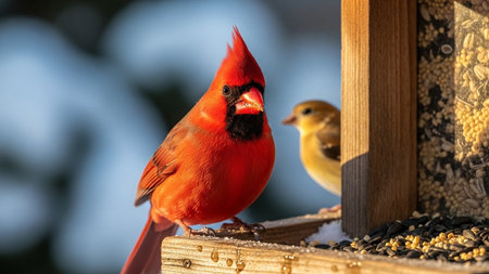 Male cardinal eats seed from bird feeder with goldfinch in background snowing. Wildlife nature bird close up outside winter.の素材