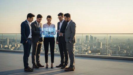 Diverse business team using digital display on rooftop with modern metropolis. Collaboration, teamwork, and technology.の素材
