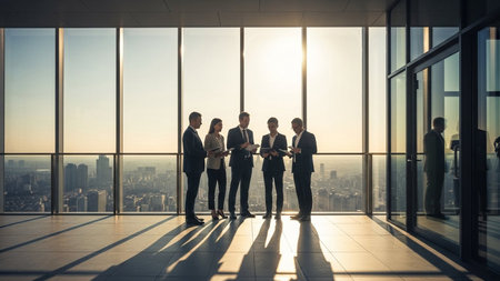Silhouette of business team standing in office looking at modern city through window. Corporate lifestyle and development.の素材