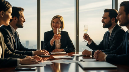 Business team celebrating corporate success with champagne in office interior. Team sitting around table with documents.の素材