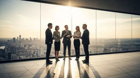 Business team meeting discussing project ideas. Diverse group near window with bright cityscape view. Teamwork conceptの素材