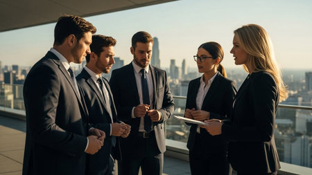 Team of entrepreneurs discuss ideas on building rooftop against urban city. This is corporate team leadership at workの素材