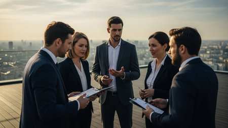 Business colleagues stands discussing plans on rooftop overlooking city. They are planning and working in a team in daytimeの素材