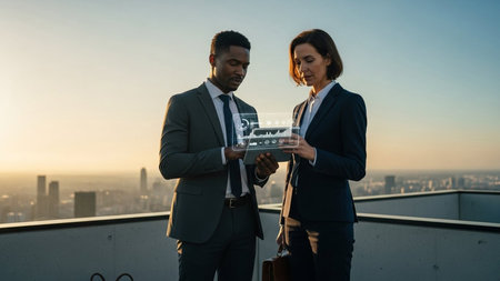 Diverse business colleagues examining data on tablet on rooftop. Corporate strategy meeting and collaboration concept.の素材