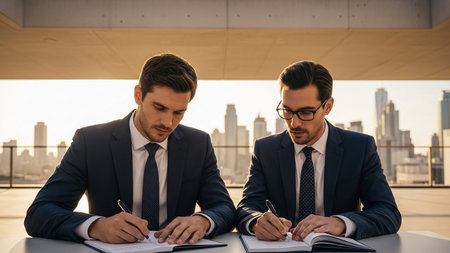 Business deal signed by confident partners with city background. Corporate agreement with executives and business opportunity.の素材