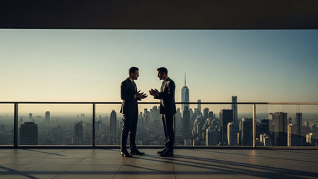 Confident businessmen discussing future strategy on rooftop. Business teamwork and collaboration with modern city background.の素材