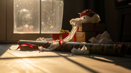 Christmas presents wrapped in paper and tied with ribbons lying on the floorの素材