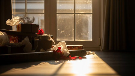 Gift boxes and crumpled paper on the floor at homeの素材