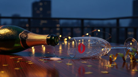 Overturned champagne bottle and a glass with a lipstick kiss mark, spilled on a wooden table with festive confetti.の素材
