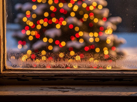Frosted window pane with blurred Christmas tree lights in background. Cozy winter scene with illuminated red and yellow bokeh.の素材