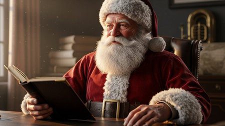 Santa claus sitting at desk, reading book, wearing classic red suit with white fur trim, long white beard and mustache, cozy interior settingの素材