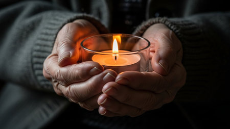 Hands carefully holding a lit candle, a symbol of hope and remembrance. Its warm glow offers solace, peace, and reflection in times of sorrow.の素材
