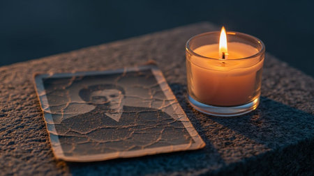 Old faded photograph sits next to burning candle on rough stone surface. Soft twilight illumination creates solemn atmosphere.の素材
